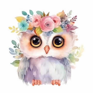 Cute baby owl, cute big eyes, colorful, floral crown, watercolor style, clipart, white background