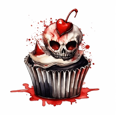 delicious halloween cupcake with queen of hearts, watercolour illustration clipart, extremely detailed, 4k, high quality, colour scheme black, red and white , , isolated on white background - <@1098423716465102849> (relaxed) - <@1098423716465102849> (rela