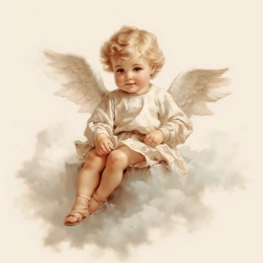 vintage adorable little baby angel sitting on a cloud, full body, pastel beige colors, clipart style, accurate details, oil painting technique, super high quality, professional watercolor clipart, high resolution