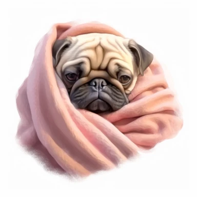 pug sleeping, wrapped in a blanket, digital painting and drawing, clipart, full body, hyper - realistic animal illustration, childlike, free brushwork, white background