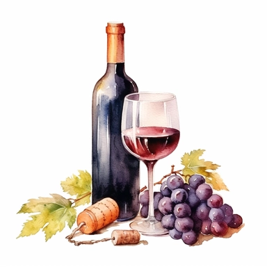 Watercolor illustration of wine bottle, wine glass, grapes, tuscan style, 2d asset, isolated cozy object on white background, warm cozy colors, white background, watercolor, hyperrealism, high detail, isolated elements, clipart