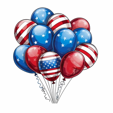 american patriotic flag balloons clipart illustration, centred, vibrant colors, red, white and blue, add the flag, on a white background, no watermark, no logo, no writing