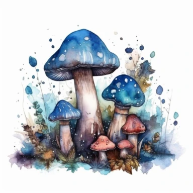 magic blue mushroom forest, watercolor art, dreamy clipart, trippy, plants, cosmic, occult, white background, painterly, colorful
