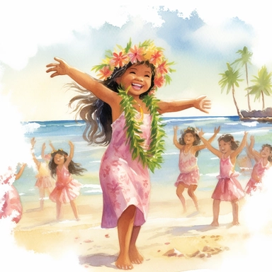 watercolour, beautiful soft colours, tropical island setting, showcase an adorable little Hawaiian girl doing the hula on the beach with her family, she feeling is happy, celebration, they are all wearing flowers in their hair, beautiful clipart style