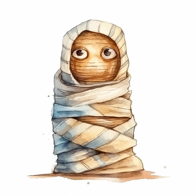 watercolor style, Mummy: A wrapped-up figure representing an ancient Egyptian mummy, depicted with bandages and glowing eyes. clipart, isolated on white background, 4K