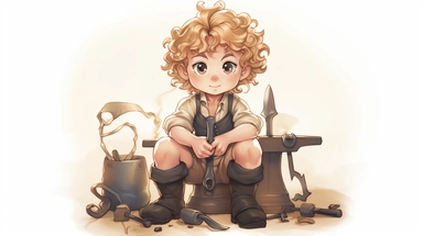A blacksmith at work, legs, shoes, standing, curly hair, blond hair, watercolor clipart, full illustration, 4k, sharp focus, watercolor, smooth soft skin, symmetry, soft lighting, detailed face, concept art, watercolor style , strybk, children's style fairy tales, chibi kawaii,. Octane rendering, 3d, perfect face, detailed face, delicate face, perfect sharp lips, detailed eyes. Craig Davison, Aubrey Beardsley, Conrad Roset, Aikut Aidogdu, Agnes Cecil, watercolor style