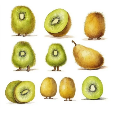 Draw a set of playful and colorful, watercolor style illustrations of kiwis, evenly space elements for clipart, white background