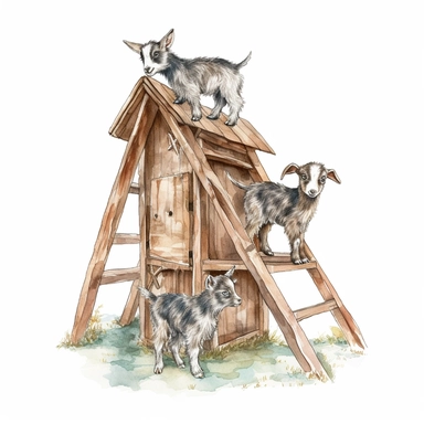 baby dwarf Nigerian goats playing on the A-frame, very detailed and realistic, watercolor, white background with margins, clipart style