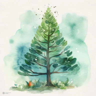 A charming watercolor clipart of a Christmas tree, featuring a hand-painted illustration of a lush green tree with delicate branches and sparkling ornaments, creating a festive and joyful vibe, Artwork, watercolor painting,