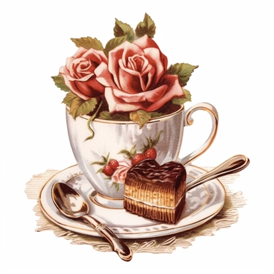 vintage hot cappuccino plan heart, little cake and chocolate sticks,one rose digital clipart on white background