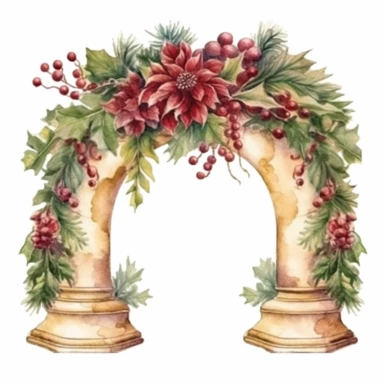 watercolor clipart of Christmas mantle, vintage red green gold colors, isolated on white background