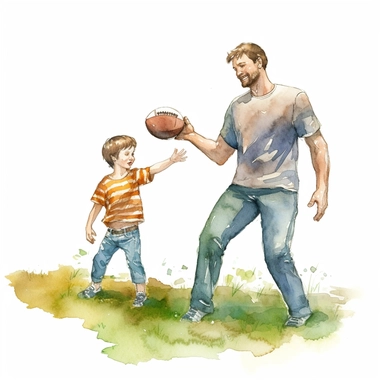 A father and son playing catch with a baseball or football, Watercolor, Clipart, transparent background PNG