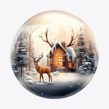 one transparent clipart stock of glassy house on a white background, with deer and snowman, in the style of Watercolor illustrations , spherical sculptures, frostpunk, miniature dioramas, luminous 3d objects, dark white and bronze, nature-inspired pieces , no watermark, text, 300 DPI , typography, shapes do not stick together, no text in the picture, on a white background