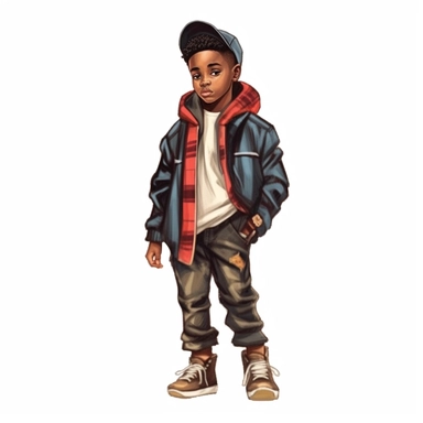 Cool cute black kid rapper, cool gangster clothes, male black boy, watercolor style, clipart solid white background
