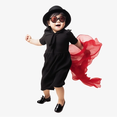 Singer Yoko Ono as a 2 year old toddler, wearing a classic black satin chanel dress, red shoes, red velvet bowler hat, gold silk scarf, dancing, irradiant facial expression, plain white background, clipart