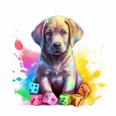 sticker art, hd, on white background, fantasy, dungeons and dragons, watercolor clipart, vibrant rainbow colors, cute Labrador puppy with dice