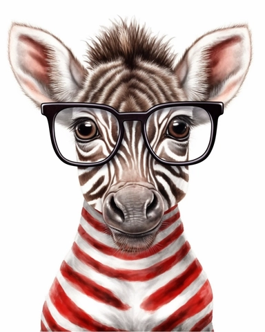 detailed watercolor Baby Zebra with eyeglasses , hyper realistic, isolated on a white background, clipart