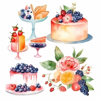 Juego de clipart de pastel de cumpleaños de acuarela. Clipart de pastel de flores de boda. Tarta de frutas. Diseño de pastel de logotipo. Clipart de panadería de alimentos. Watercolor graphic Set, Hand painted ilustrations, white background