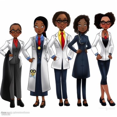 cartoon of young black girl superheros, wearing different suits as a doctor, lawyer, architect, firefighter, computer engineer, inspired by the quote Black excellence in the making, watch us soar, clip art, realistic faces and body features, white background, high definition