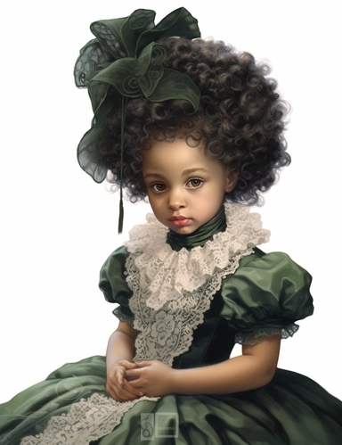 gorgeous african american baby girl with green eyes in vintage victorian dress, clipart, Composition: Relaxed position with intricate high hairstyle, Style: gothic, white background, hyperrealism, 32k