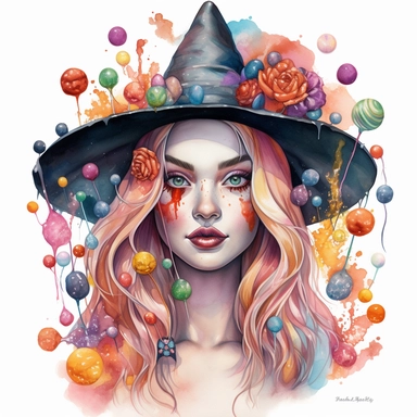 The clipart image depicts a charismatic candy-witch standing in the center of the image, with a white background. She has a beautiful, kind, and intriguing facial expression, and is surrounded by colorful lollipops, candies, and flowers. SHe is wearing a witch-hat. The image is made with watercolors and is in the style of Aleksi Briclot.