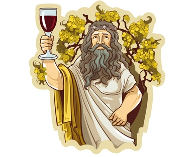 Sticker Clip Art of Sticker Clip Art of Dionysos thick God of Wine and Food, Greek Temple, mystical ancient greece background, fiest, agora, recognisable features, children friendly, illustrated in a playful style with a friendly expression, perfect for any special occasion, cut out in the shape of Dionysos, with no visible background, giving it the appearance of a high quality sticker, conveying a mystical and whimsical mood, edited with Adobe Photoshop to adjust brightness and contrast, render