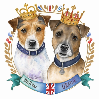 Pastel watercolour clipart svg white background of 2 Jack Russell terrier dogs. 1st dog is brown an black fur the 2nd is light brown both are smiling, both wearing a large gold King crown on heads, place each dog face in thick shinny gold ornate frame made from gold leaves, both dogs are wearing a colourful vibrant red an blue union jack dog collar, a personlised banner at the bottom to write someone's name on.