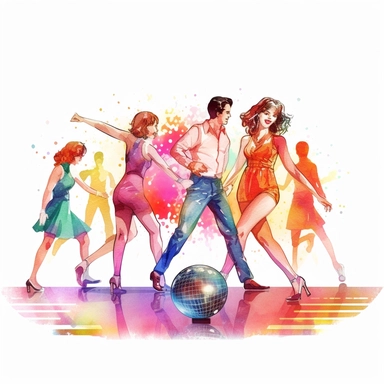 A group of friends roller skating in a retro-style rink, adorned with vibrant disco balls and colorful retro wallpaper, with the DJ playing popular tunes from the era, clipart, watercolor, white background, american style, extremely-detailed, high quality