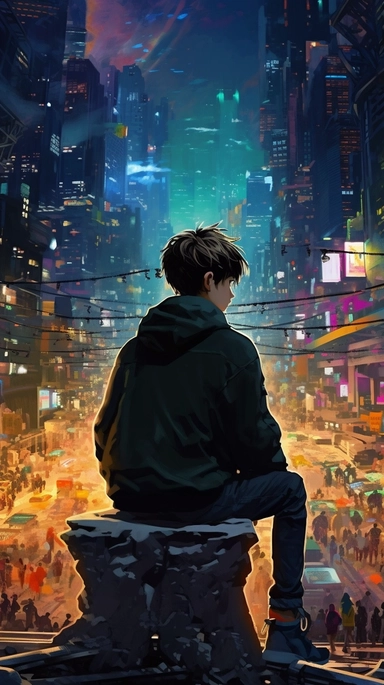 beautiful stunning pretty vintage cyberpunk anime boy, paint art style, clipart, city landscape background, superrealistic, one of a kind