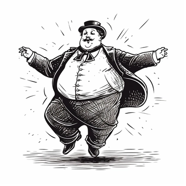 png clipart of fat man dancing ballet , 1900 black and white ink cartoon vignette, featuring stylized characters, exaggerated expressions, and entertaining situations. simple bold linework, evoke laughter and nostalgia, white background