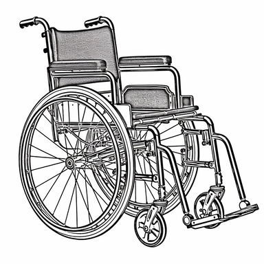 This black and white clipart features a simple yet detailed image of a wheelchair. The wheelchair is shown from a side view, with the frame, wheels, and footrests all visible. The lines used in the image are clean and precise, giving it a professional and polished look. This clipart is perfect for use in informational materials or educational resources about mobility and accessibility.