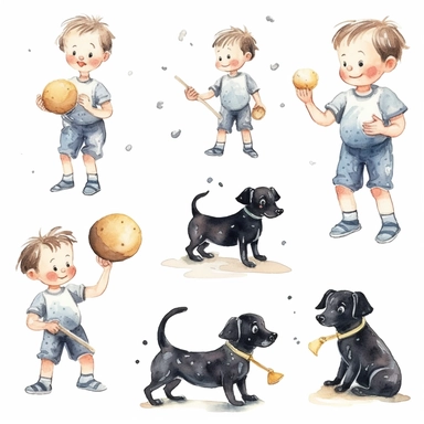 multiple poses characters of little boy playing with black polka dot dog , watercolor in medieval cartoon grunge style clipart on white background