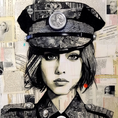 Charcoal drawing illustration collage, marker drawing portrait of a ((Japanese anime style police woman by ghibli ))on collaged book pages, magazine headline clippings, music notation paper cutouts, by Peterdraws, flowerpunk, bohemian style fabrics, intricate, button, wire jewelry, by Loui Jover