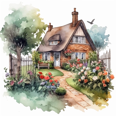 watercolour English cottage garden with a mix of colorful flowers and hedges plain background a png image that can be used as clipart