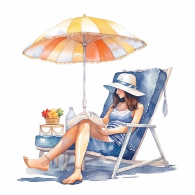 watercolor, hyper realistic, white background, white margins, 16k, ultra detailed clipart, cut out image, hand-drawn, whimsical manhwa style, ultra HD, sharp and clean art a comfy beach chair, umbrella, straw hat, beach bag, magazine, and a refreshing drink on a beach