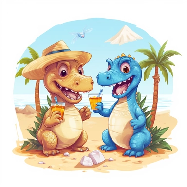 a foolish and cute dinosaurs having fun at the beach holding glass of lemoned , clipart style, white bg