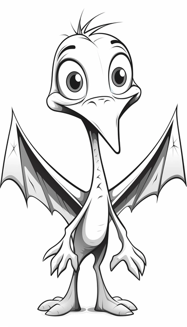 Pterodactyl, that is clean and simple on a white background, in 2d clipart vector style for adobe illustrator, should express a comic and a cartoon style look, cute and funny, the outer border width must be 4mm, it must be suitable for a coloring book, smooth lines, show full animal with its all body parts in vitali-iakovlev style, single image per page, image should be inside the page, image should not touch the edges of the page