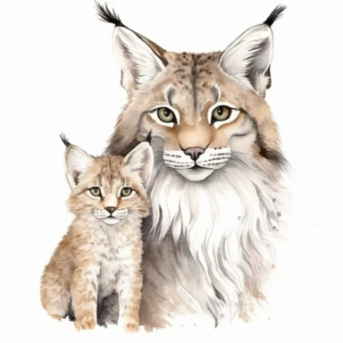 woodland animal cute baby lynx with mother watercolor clipart on white background detailed