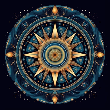 a cosmic compass mandala, clip art, isolated on navy blue