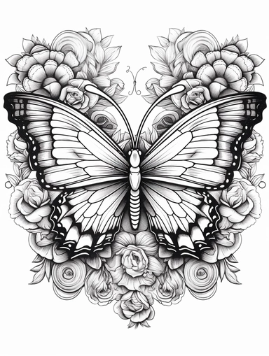 Coloring book, white background, clip art, line work. Heart and butterfly wings