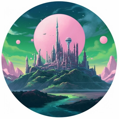 a simple clipart, circle logo, sci-fi Alien World: Green, Pink, Deep Blue, By Ivan Aivazovsky, pastel shades, on white background, space out, elaborate spacecraft, intrincate details, flat.