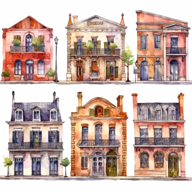 watercolor New Orleans French quarter style buildings, illustrations clipart set, simple, , cartoon elements ,different variants , separate elements with a margin