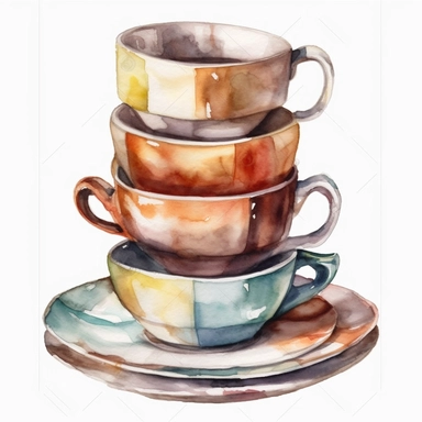 stack of coffee cups, clip art, watercolor, isolated white background, 8k