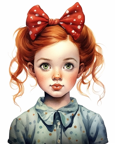 portret of a cute little girl a five year old, bow on the head, red hair, freckles, dress, style by Lusy Fleming, folk art, watercolor, clipart elements, smooth gradients, black contour outline, ultra detailed, white background, super clear, high quality