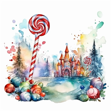 Christmas candyland clipart, watercolor effect, high definition, red green white gold blue, centered, white background, image only