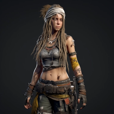 a white woman, full body shoot, wearing tribal clothing and doll head necklace post apocalyptic, unreal game engine style, different poses, detail, clipart, black background, one of a kind--ar 16:9