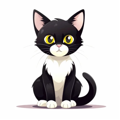 cute cartoon cat, black and white cat, black face with a little bit white by mouth, a lot of white on chest, white paws, black legs, yellow eyes, full body sitting, white background, clip art, vector graphic