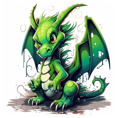 green graffiti dragon clipart illustration, on an isolated clean white background,