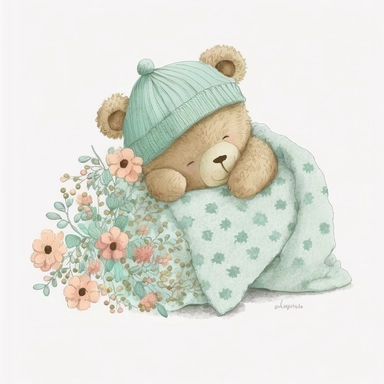 an ultra Cute little newborn baby teddy bear wearing mint green shabby chic floral traditional classic pyjamas and bedtime hat lying on a mint green pillow and blankets watercolour, cute,, bedtime, sleepy, dreamy, isolated on white background, Clipart