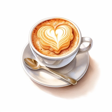 Isometric illumination of commercial shot of ultra - realistic watercolor painting of a really delicious coffee with a biscuit, latte art heart clipart, good looking food, delicious, yummy, foodie, healthy, white background no text, isolated on white, watercolor illustration, award winning, strong and sharp lines, upscale
